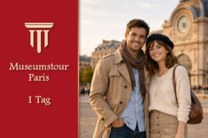 1-Tages-Museumstour Paris: Ein lächelndes Paar vor dem Musée d’Orsay während eines kompakten Kulturtags in Paris