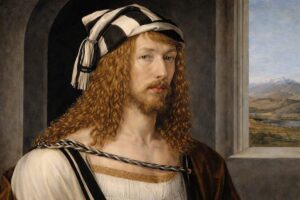 Albrecht Dürer - Selbstbildnis von 1498 mit lockigem Haar und gestreifter Haube vor einem Fenster mit Alpenpanorama