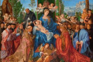 Albrecht Dürer - Das Rosenkranzfest: Monumentales Renaissance-Gemälde mit Maria, dem Jesuskind und Papst sowie Kaiser