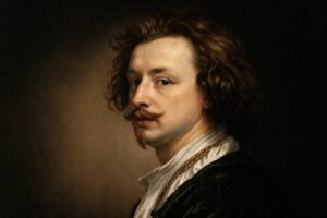 Anthony van Dyck: Porträt des barocken Hofmalers mit bärtigem Gesicht und dunklem Haar, der mit aristokratischer Eleganz über seine Schulter schaut