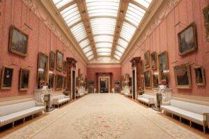 Buckingham Palace - London - Gemäldegalerie: Blick in die lange, prunkvolle Galerie mit einer beeindruckenden Sammlung großformatiger Gemälde