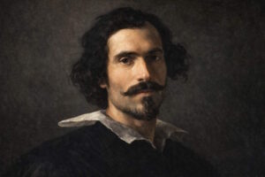 Caravaggio (Michelangelo Merisi) - Porträt des italienischen Barockmalers mit dunklem Lockenhaar, Schnurrbart und weißem Kragen