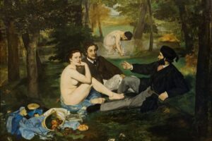 Édouard Manet - Das Frühstück im Grünen (Le Déjeuner sur l’herbe): Berühmte Picknick-Szene im Wald mit einer nackten Frau und zwei elegant gekleideten Männern