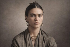 Frida Kahlo - Porträt der mexikanischen Malerin mit markanten Augenbrauen, traditionellem Schmuck und dunklem Haar