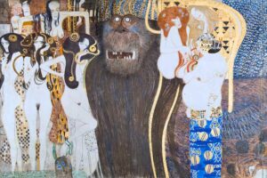 Beethovenfries - Beethovenfries: Detail der „feindlichen Gewalten“ mit dem Ungeheuer Typhon, den Gorgonen und symbolischen Jugendstil-Elementen