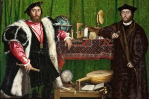 Hans Holbein der Jüngere - Die Gesandten (The Ambassadors): Doppelporträt zweier Diplomaten vor einem Regal voller Symbole und wissenschaftlicher Instrumente, inklusive der berühmten Anamorphose eines Totenkopfes