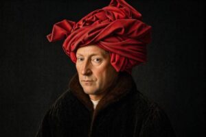 Jan van Eyck: Vermutetes Selbstporträt des flämischen Meisters mit rotem Turban und pelzbesetztem Rock