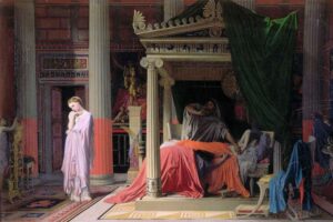 Jean-Auguste-Dominique Ingres - Antiochus und Stratonike (Antiochus et Stratonice): Theatralische Szene in einem antiken Gemach mit prachtvollen Säulen und farbenfrohen Gewändern