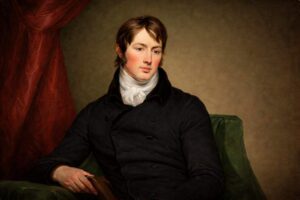 John Constable: Selbstbildnis des englischen Landschaftsmalers der Romantik als junger Mann mit bärtigen Koteletten, rotem Wangenrot und weißem Halstuch