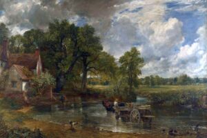 John Constable - Der Heuwagen (The Hay Wain): Das Gemälde zeigt ein Pferdefuhrwerk in einer Flussfurt bei Flatford Mill unter einem weiten, wolkenreichen Himmel