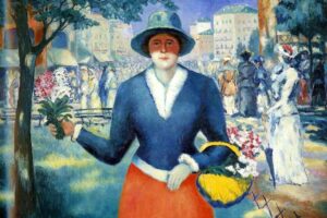 Kasimir Sewerinowitsch Malewitsch - Das Blumenmädchen (Tsvetotshnitsa): Eine Frau mit Hut und Blumenkorb vor einer belebten Stadtszene