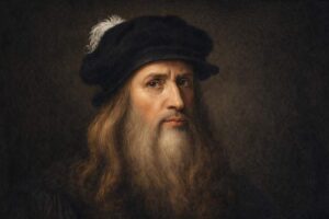 Leonardo da Vinci - Klassisches Porträt mit langem Bart und schwarzem Barett im Renaissance-Stil