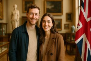 Übersicht der Museen im Vereinigten Königreich: Ein Paar bei einem Museumsbesuch im Vereinigten Königreich neben einer Union-Jack-Flagge und klassischen Gemälden.