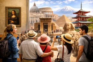 Museumstouren weltweit - Touristen bei einer Museumstour mit weltweiten Highlights wie der Mona Lisa, dem Kolosseum und den Pyramiden von Gizeh