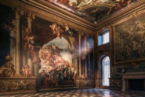 Ein prachtvoller Raum mit monumentalen Wand- und Deckenmalereien von Sir James Thornhill, die mythologische und historische Szenen in barocker Opulenz darstellen