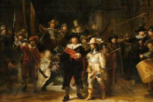 Rembrandt van Rijn - Die Nachtwache (De Nachtwacht): Das berühmte Ölgemälde zeigt eine Amsterdamer Bürgergarde in Bewegung mit dramatischem Licht-Schatten-Spiel