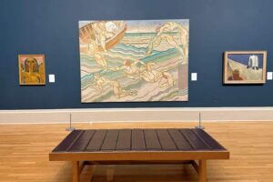 Tate Britain - London - Bathing von Duncan Grant: Das Ölgemälde zeigt nackte männliche Figuren beim Schwimmen und Tauchen in einem Fluss mit stark stilisierten, wellenförmigen Mustern