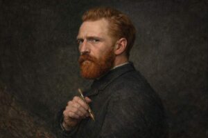 Vincent van Gogh - Porträt als Maler. Künstler mit rotem Bart und Haar, wie er Palette und Pinsel hält