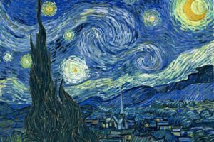 Vincent van Gogh - The Starry Night (Die Sternennacht) - Ölgemälde mit einem wirbelnden blauen Nachthimmel, leuchtend gelben Sternen und einer dunklen Zypresse